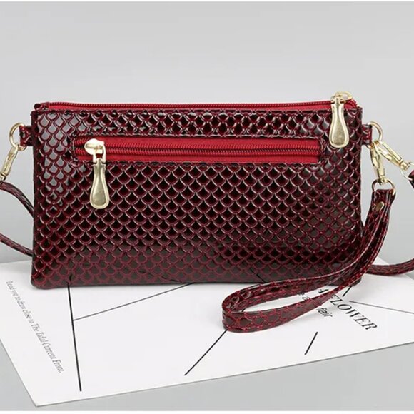 2/$30 Red Snake Skin Embossed Crossbody Bag Zipper Wristlet Clutch Phone Bag - Picture 5 of 10